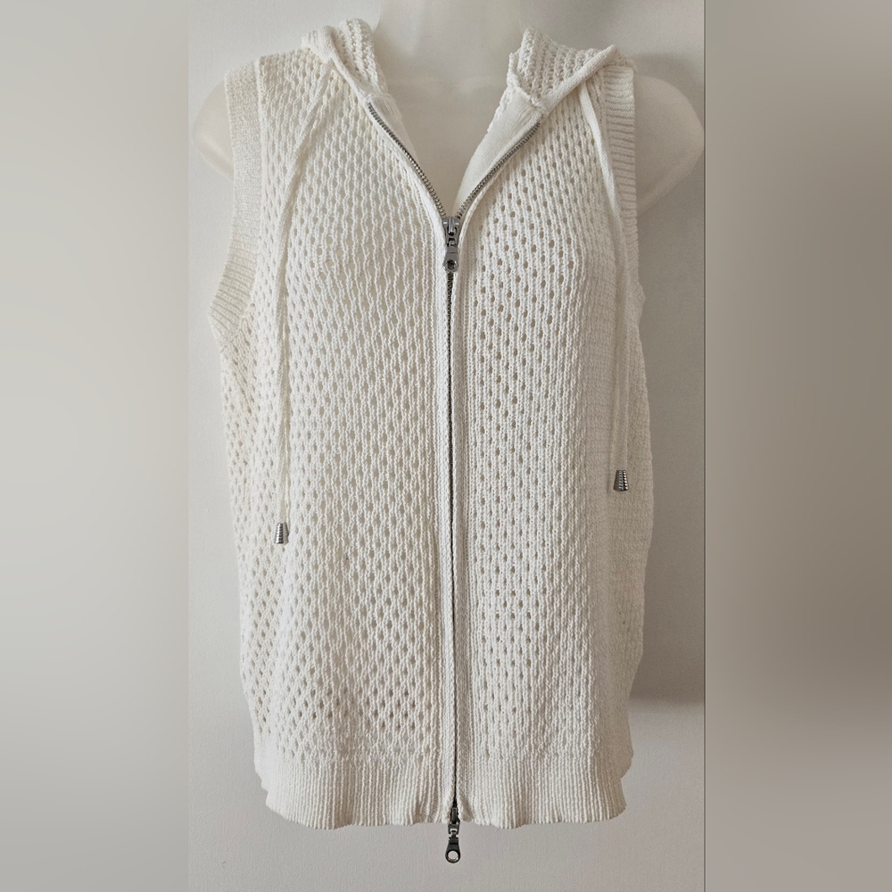 Nicole Miller Crocheted Hooded Sleeveless Vest Full Zip Ivory Sz Small Euc